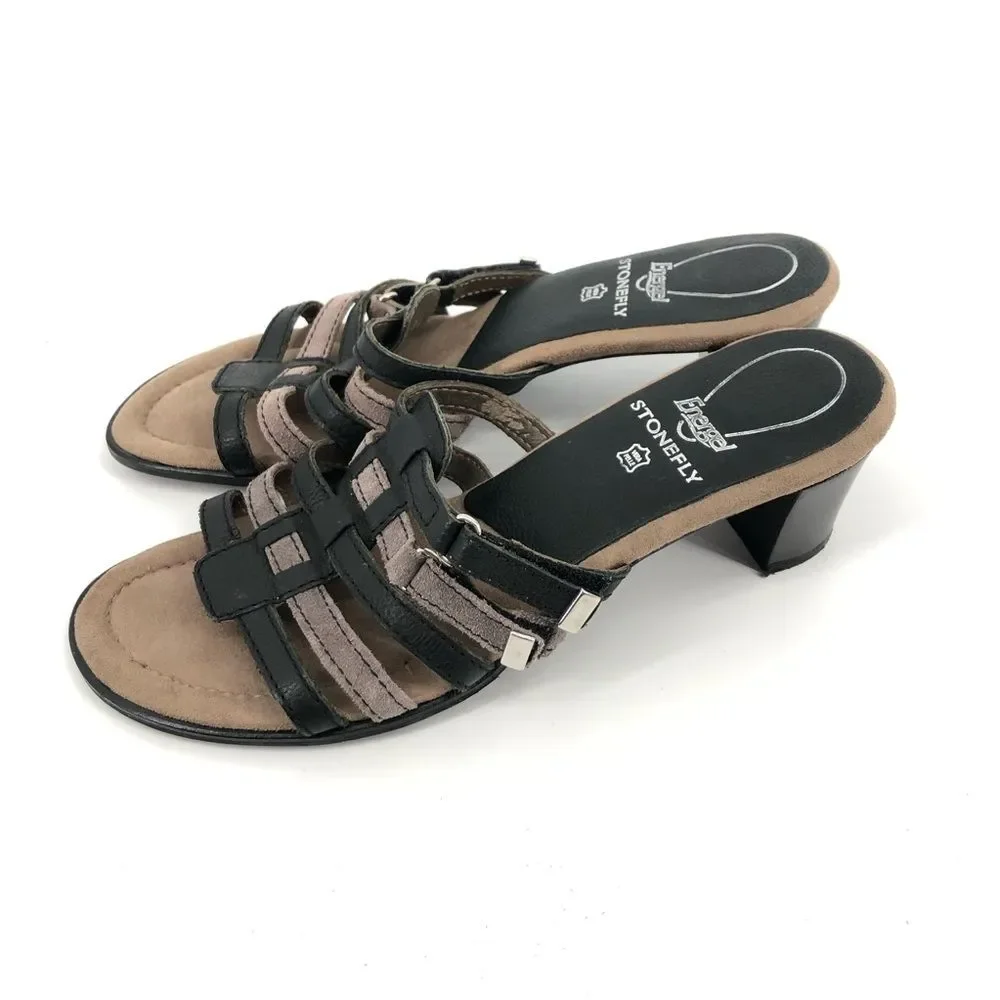 Stonefly Heeled Sandals‎ Womens 38 Black Cream Strappy Leather Slip On Open Back
